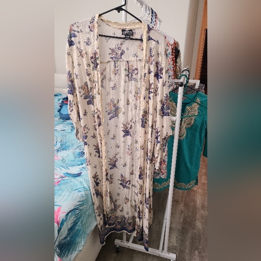 Angie Cream, Boho Blue and Pink Floral Duster Kimono, Medium/Large